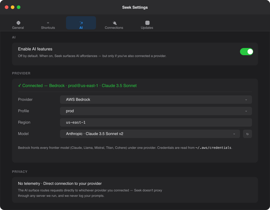 Seek AI settings with AWS Bedrock provider, profile picker, and model dropdown