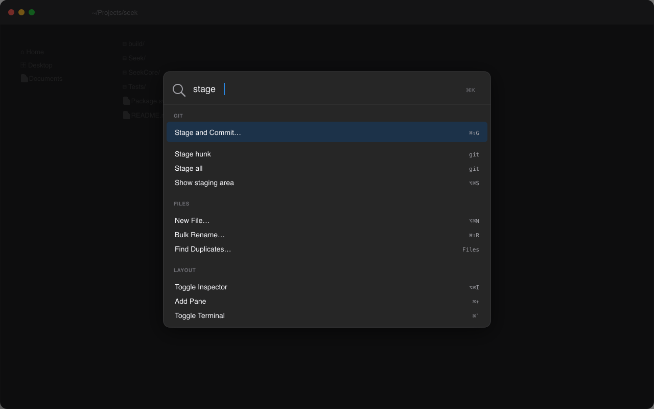 In-window command palette with categorised commands and keyboard shortcuts